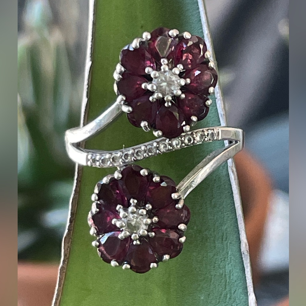 Gorgeous Floral Ring Sterling Silver 925 Garnet Double Flower Statement